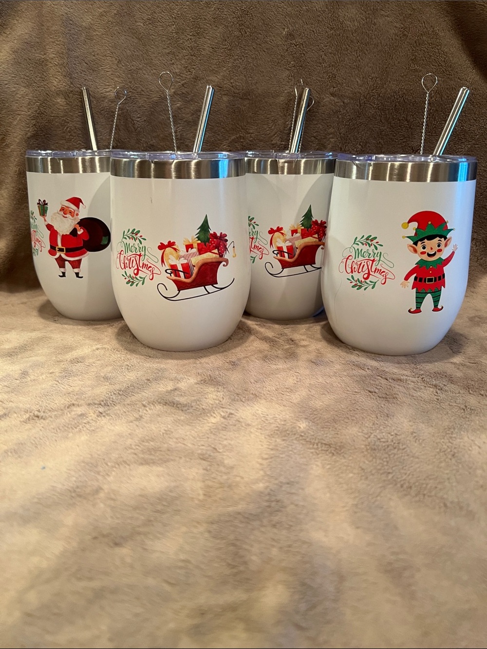 White Christmas-Themed Insulated Wine Tumblers with Lid & Straw - Set of 4